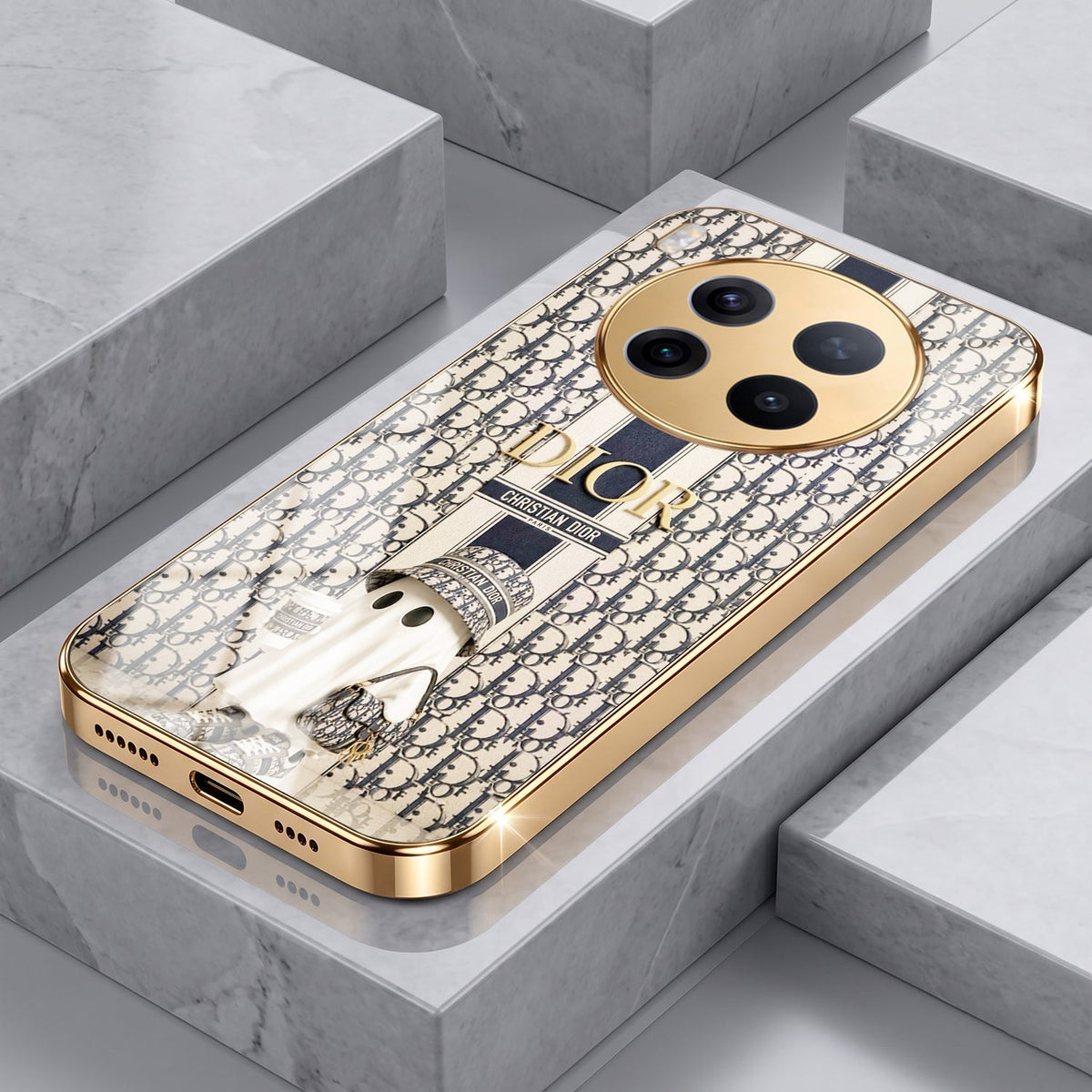 Vivo X300 Pro 5G Luxury Dior Gold Electroplated Glass Phone Back Case