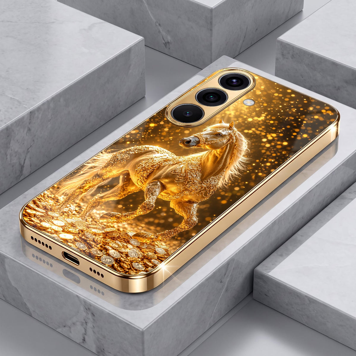 Samsung Galaxy A36 5G Golden Horse Sparkle Gold Electroplated Glass Phone Back Case