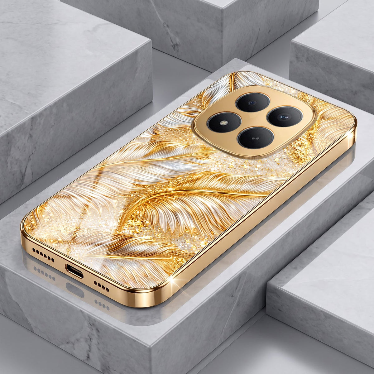 Redmi Note 15 Pro+ 5G Golden Feather Marble Gold Electroplated Glass Phone Back Case