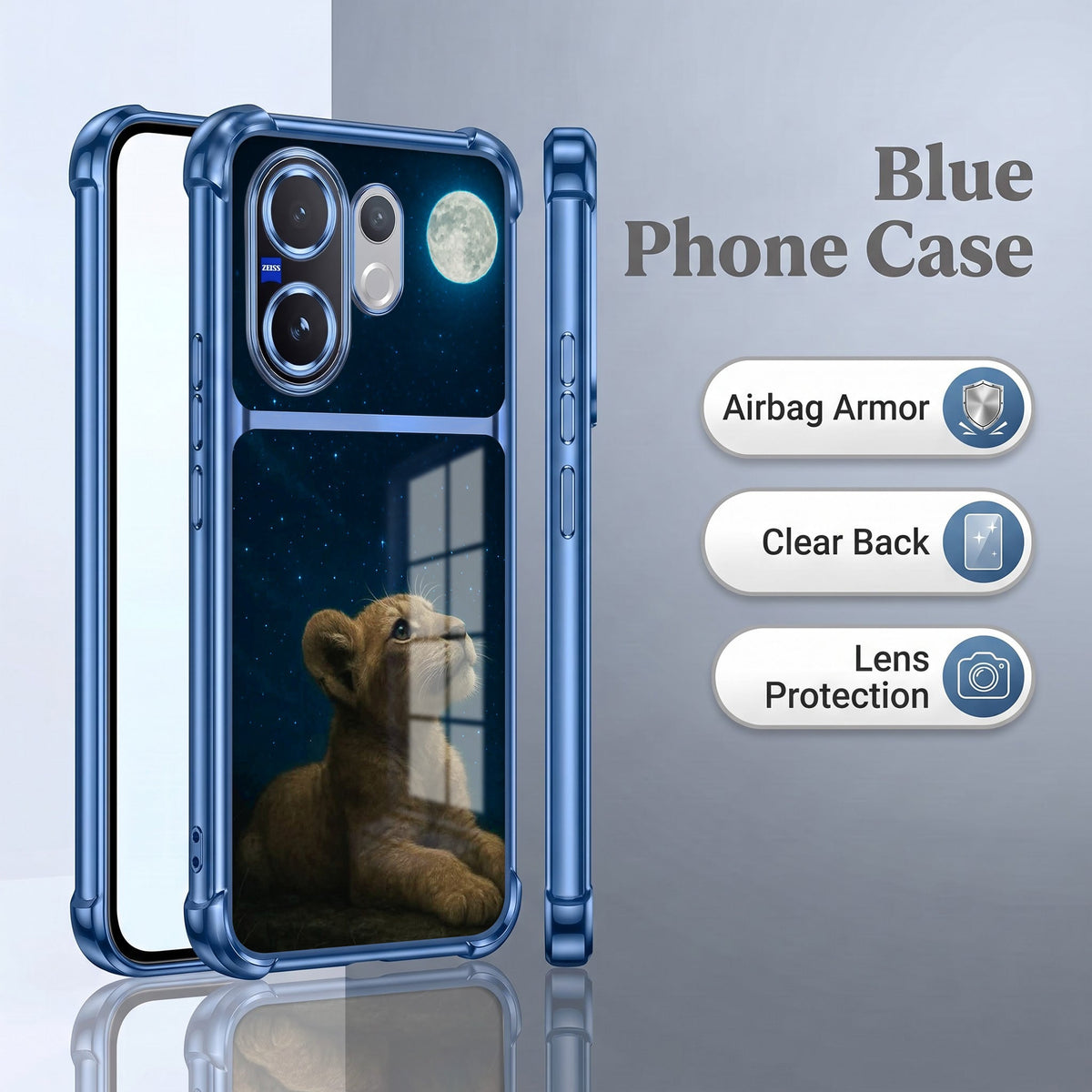 Vivo V60 5G Moonlit Baby Lion Dual-Tone Transparent Blue Airbags Case