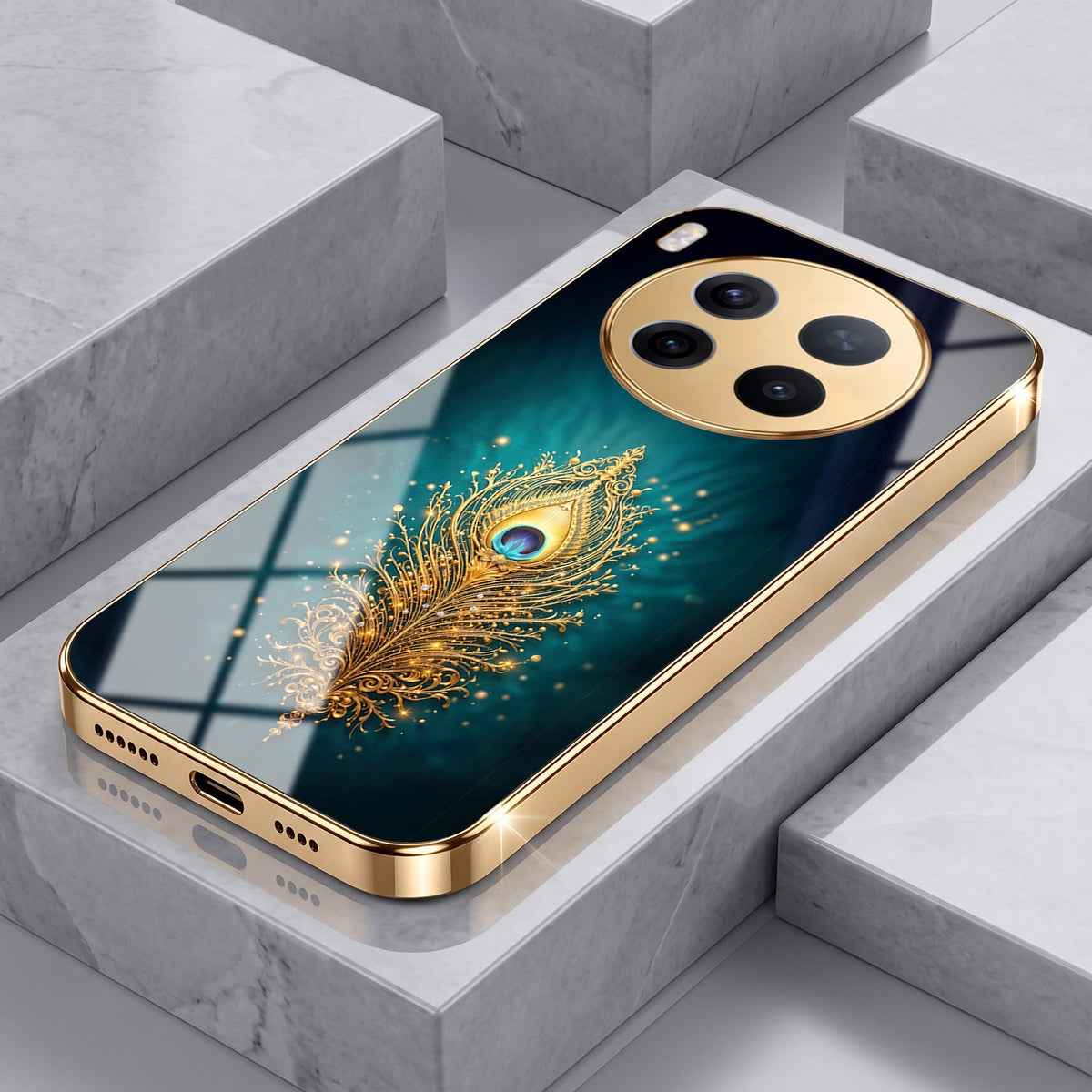 Vivo X300 Pro 5G Golden Peacock Feather Gold Electroplated Glass Phone Back Case