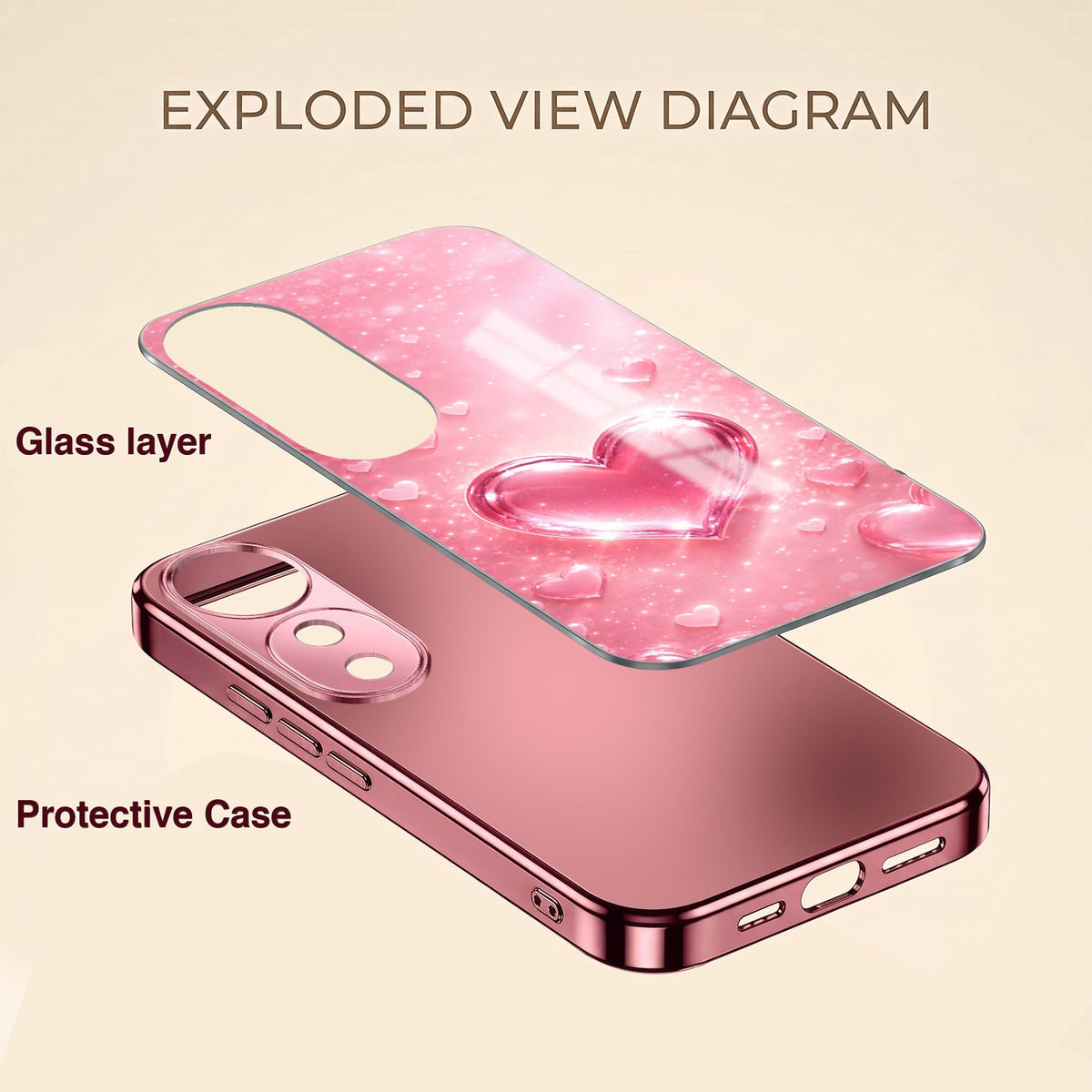 Vivo V40 Pro 5G Luxury 3D Jelly Heart Pink Electroplated Glass Phone Back Case