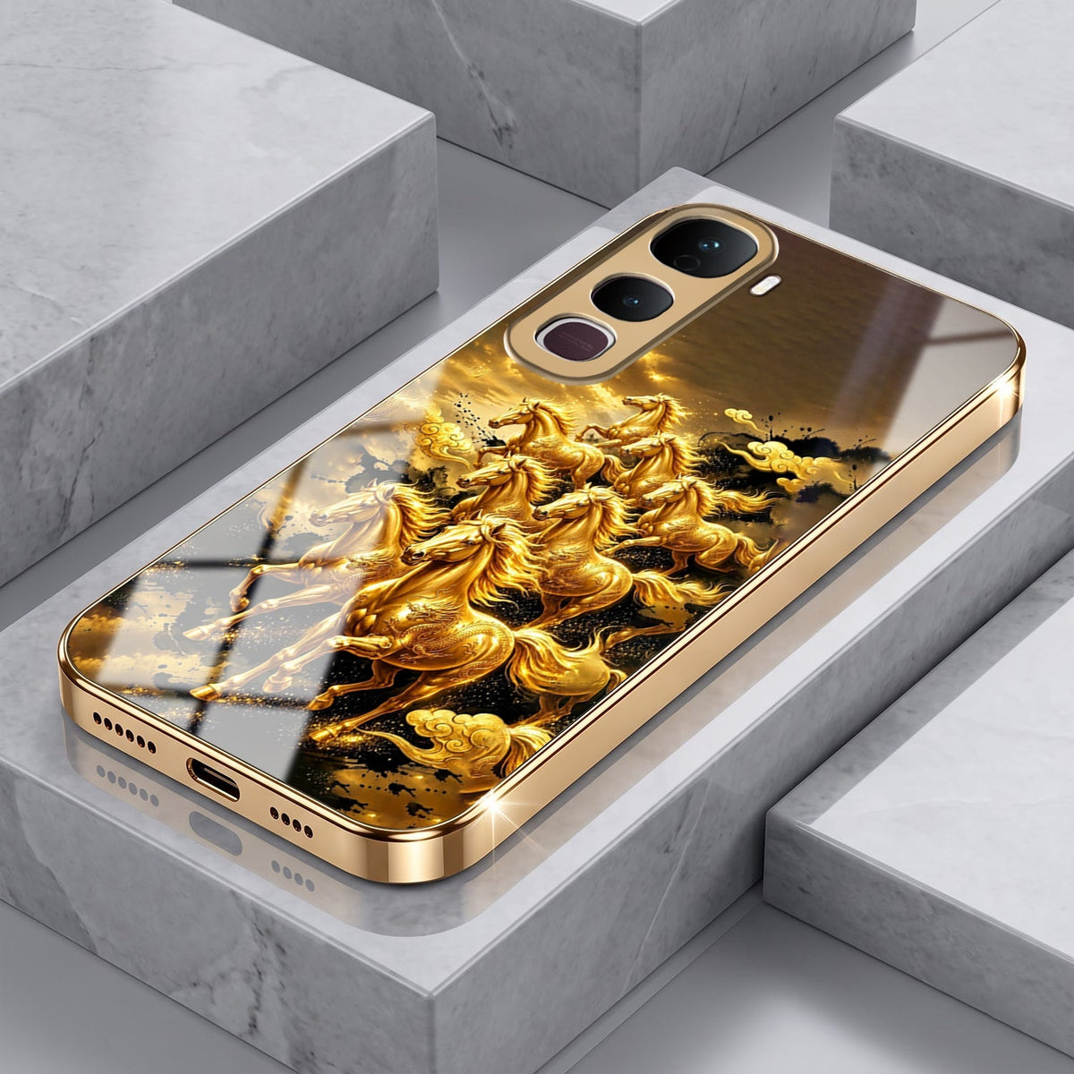 Vivo Y400 Pro 5G Horses Royal Glory Gold Electroplated Glass Phone Back Case