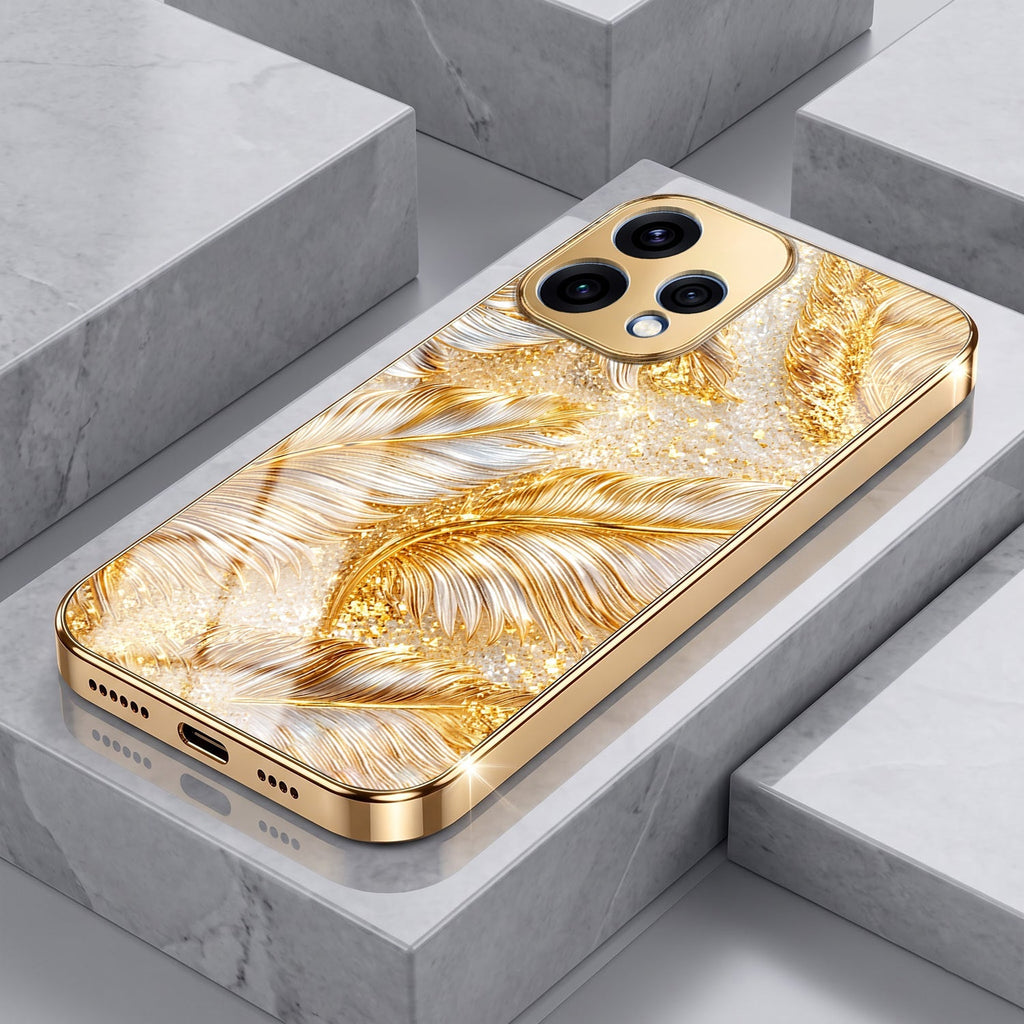 Oppo Reno 15 5G Golden Feather Marble Gold Electroplated Glass Phone Back Case