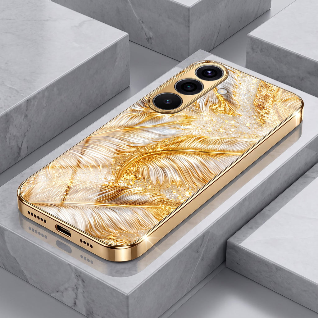 Samsung Galaxy A56 5G Golden Feather Marble Gold Electroplated Glass Phone Back Case