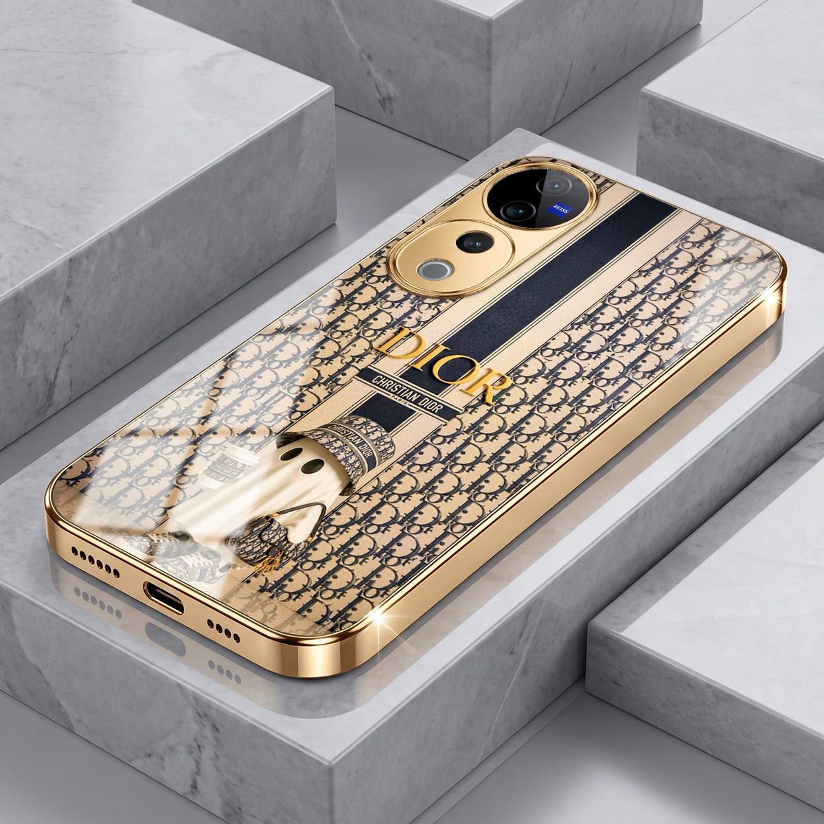 Vivo V40 Pro 5G Luxury Dior Gold Electroplated Glass Phone Back Case