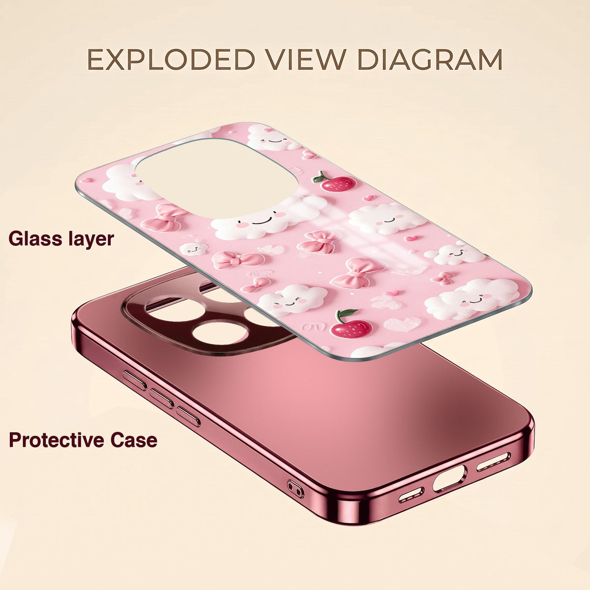 Redmi Note 15 Pro+ 5G Luxury 3D Clouds Pink Electroplated Glass Phone Back Case