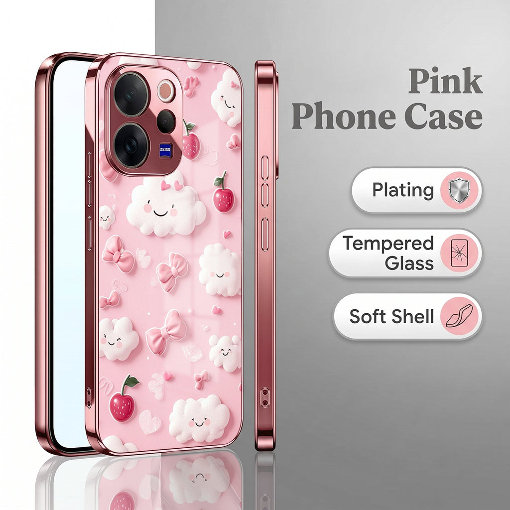 Vivo V70 5G Luxury 3D Clouds Pink Electroplated Glass Phone Back Case