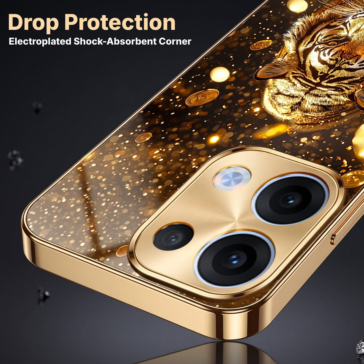 Oppo Reno 13 5G Luxury Tiger Gold Electroplated Glass Case