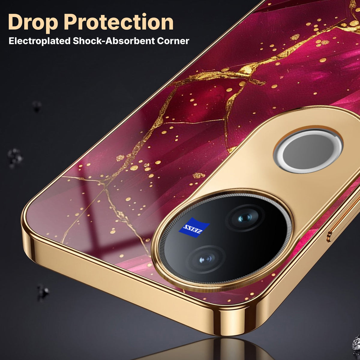 Vivo V50 5G Luxury Crimson Gold Marble Electroplated Glass Case