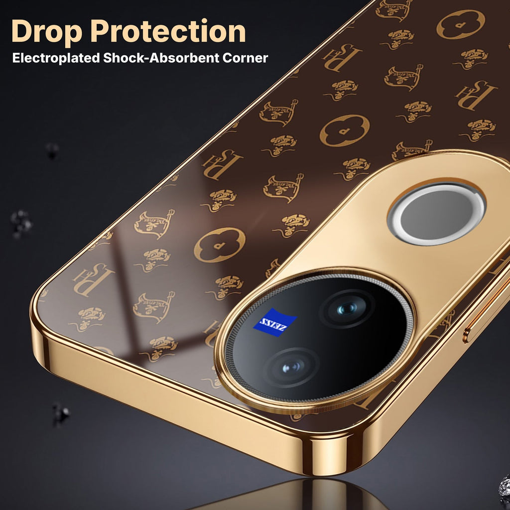 Vivo V50 5G Luxury Monogram Brown Electroplated Gold Glass Case