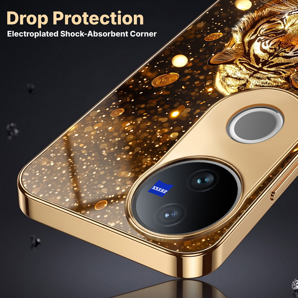 Vivo V50 5G Luxury Tiger Gold Electroplated Glass Case