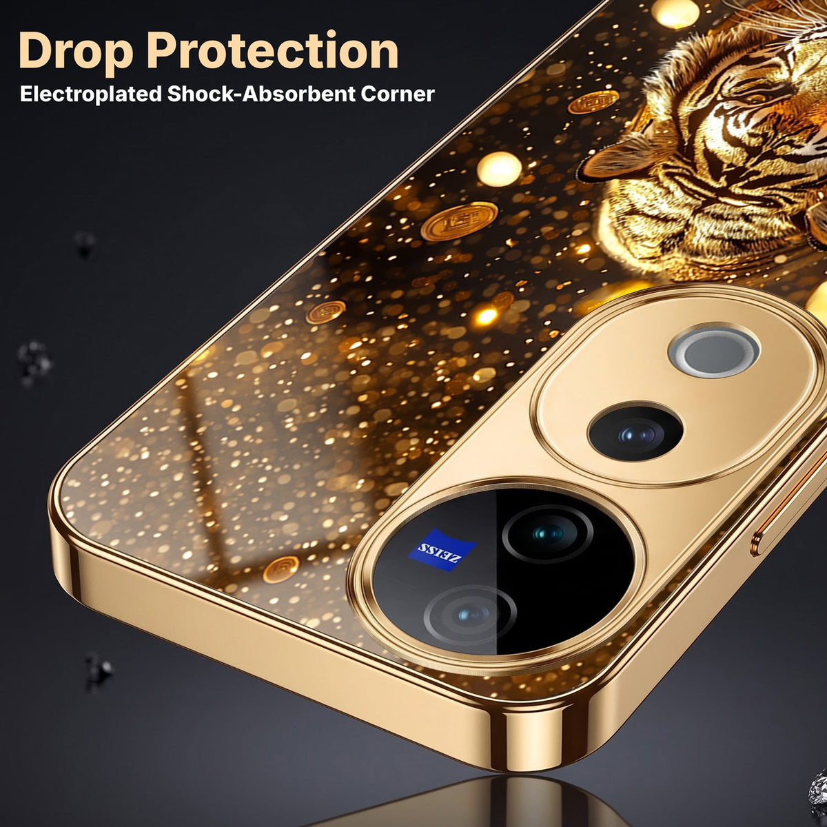 Oppo Reno 15 Mini 5G Luxury Tiger Gold Electroplated Glass Case