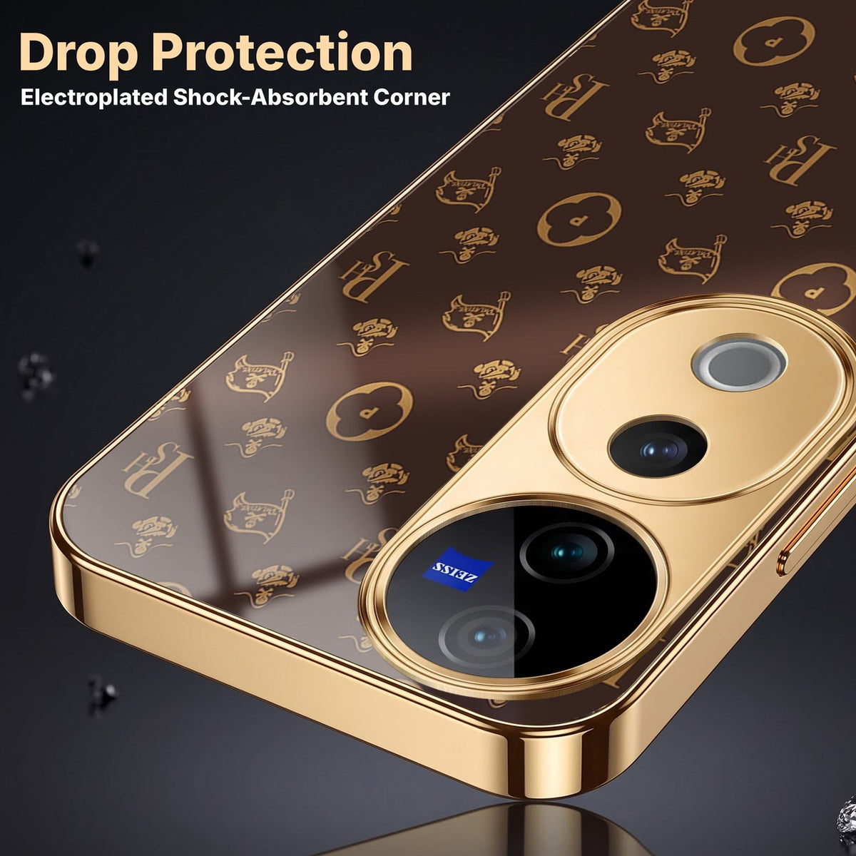 Vivo V40 Pro 5G Luxury Monogram Brown Electroplated Gold Glass Case