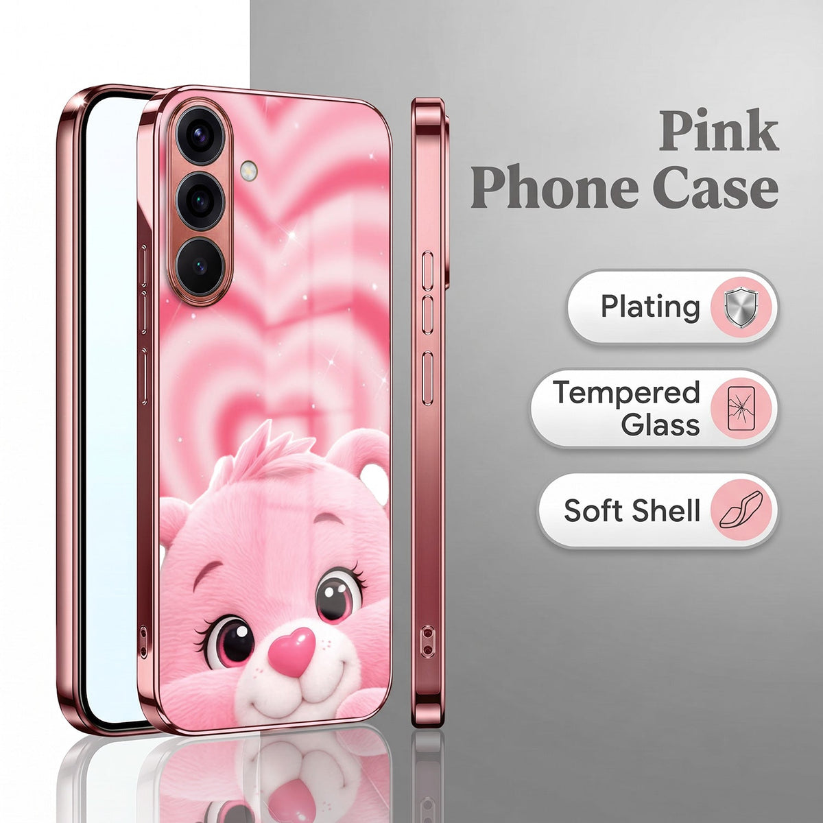 Samsung Galaxy A36 5G Luxury Cute Teddy Pink Electroplated Glass Phone Back Case