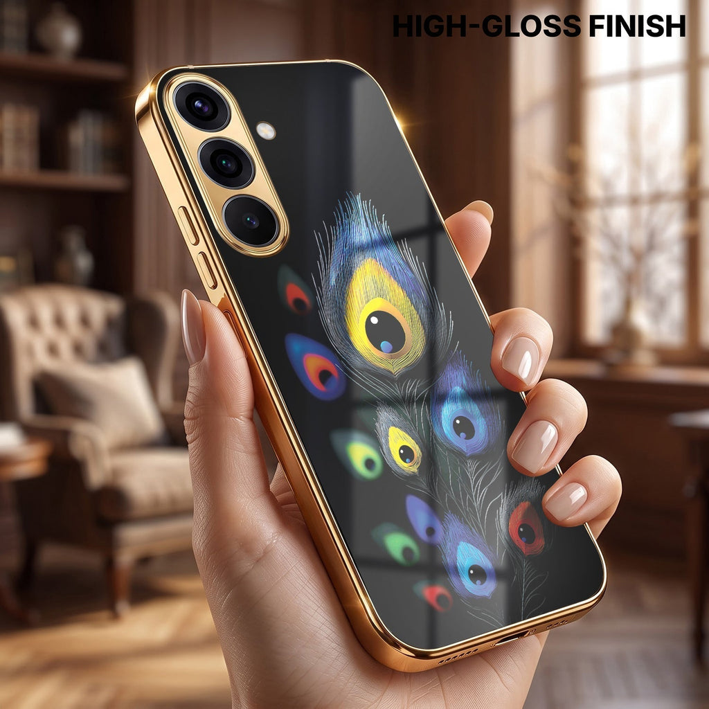 Samsung Galaxy A36 5G Premium Peacock Feather Gold Electroplated Glass Phone Back Case
