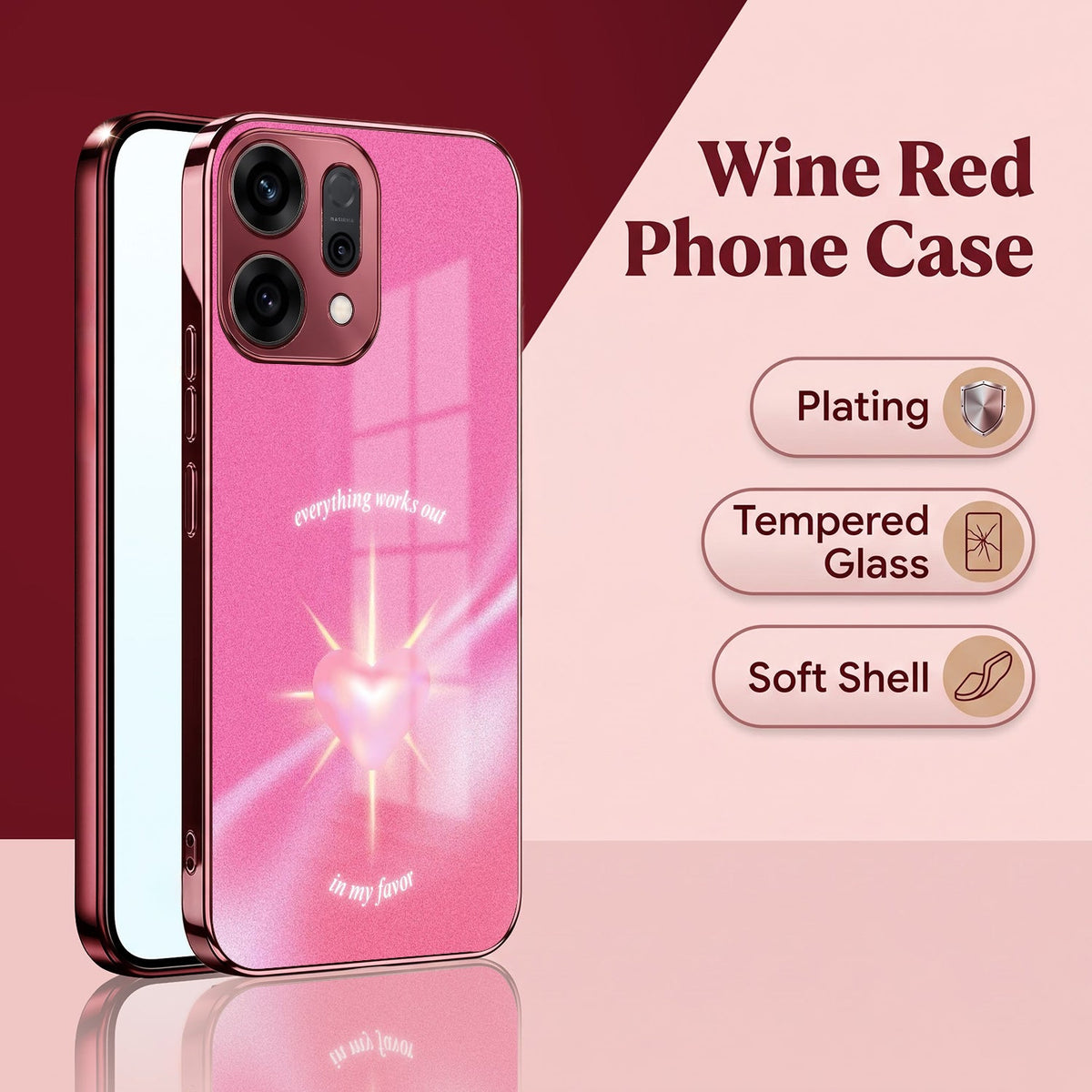 Oppo Reno 14 5G Luxury Glowing Heart Pink Electroplated Glass Phone Back Case