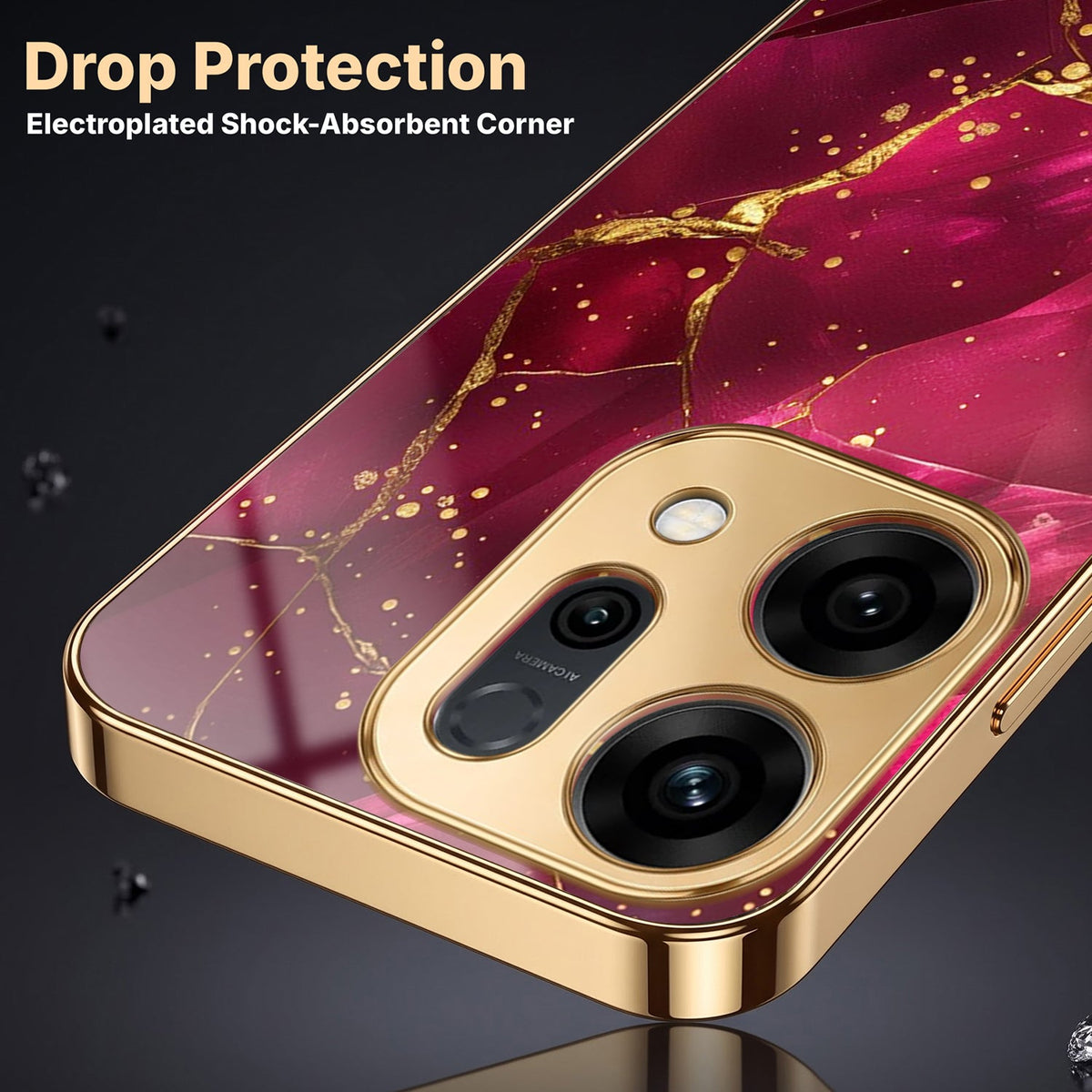 Oppo Reno 14 5G Luxury Crimson Gold Marble Electroplated Glass Case