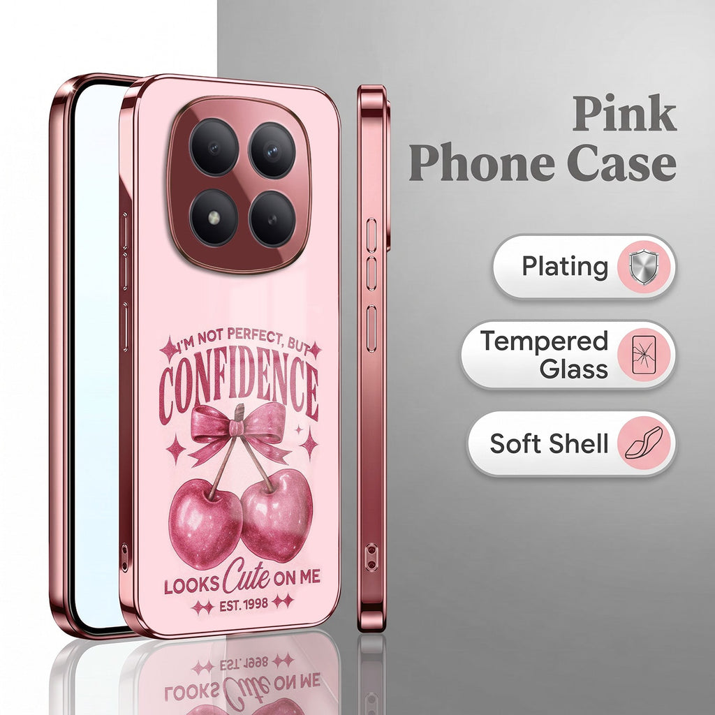 Redmi Note 15 Pro+ 5G Luxury Cherry Bow Pink Electroplated Glass Phone Back Case