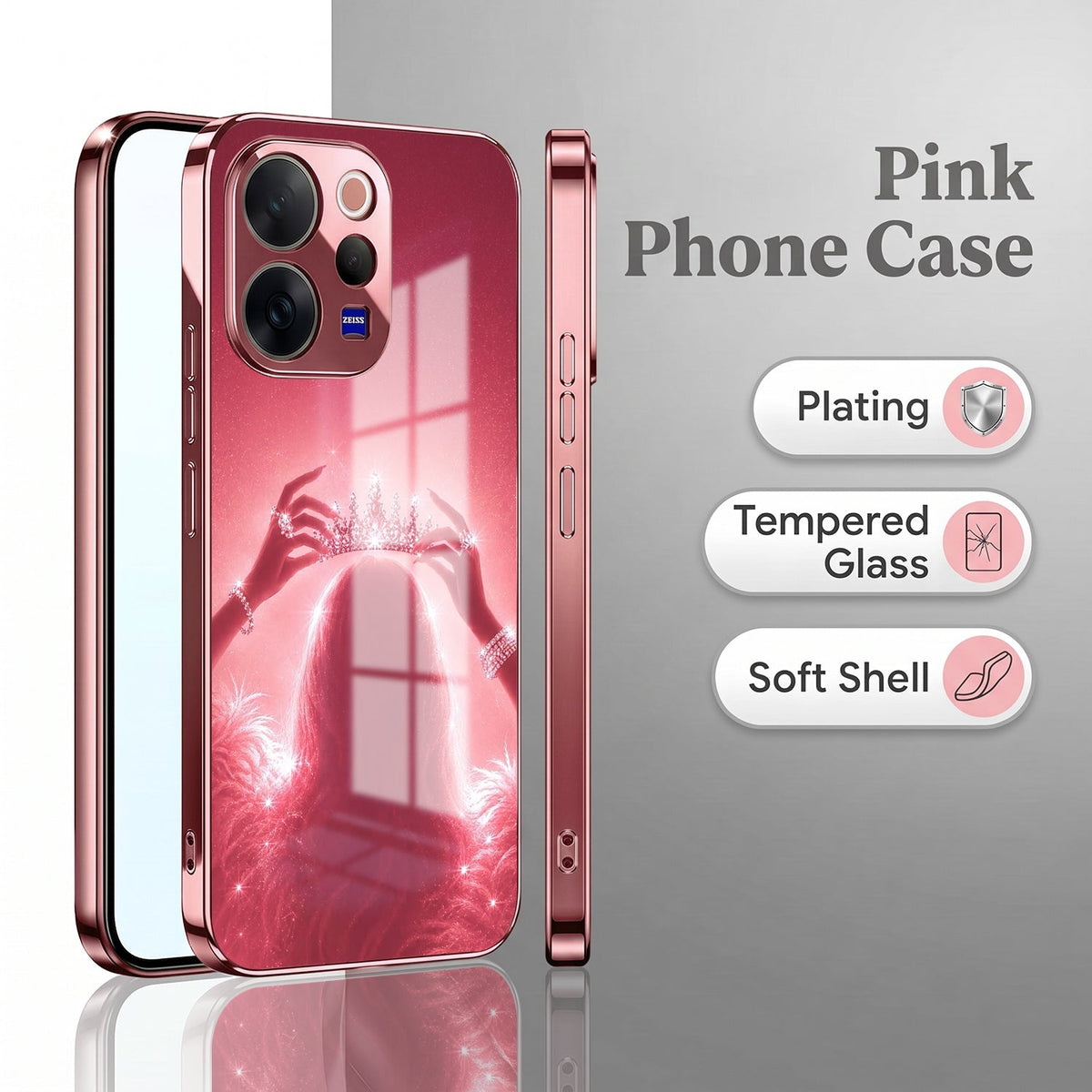 Vivo V70 5G Luxury Crown Queen Pink Electroplated Glass Phone Back Case