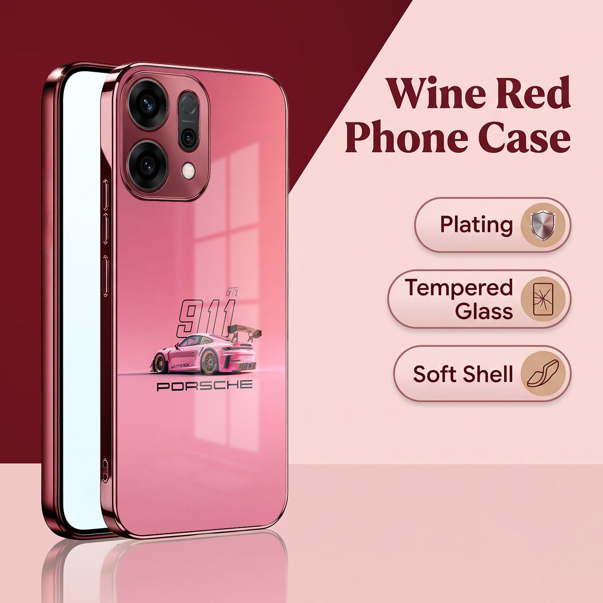 Oppo Reno 14 5G Luxury Porsche 911 Pink Electroplated Glass Phone Back Case