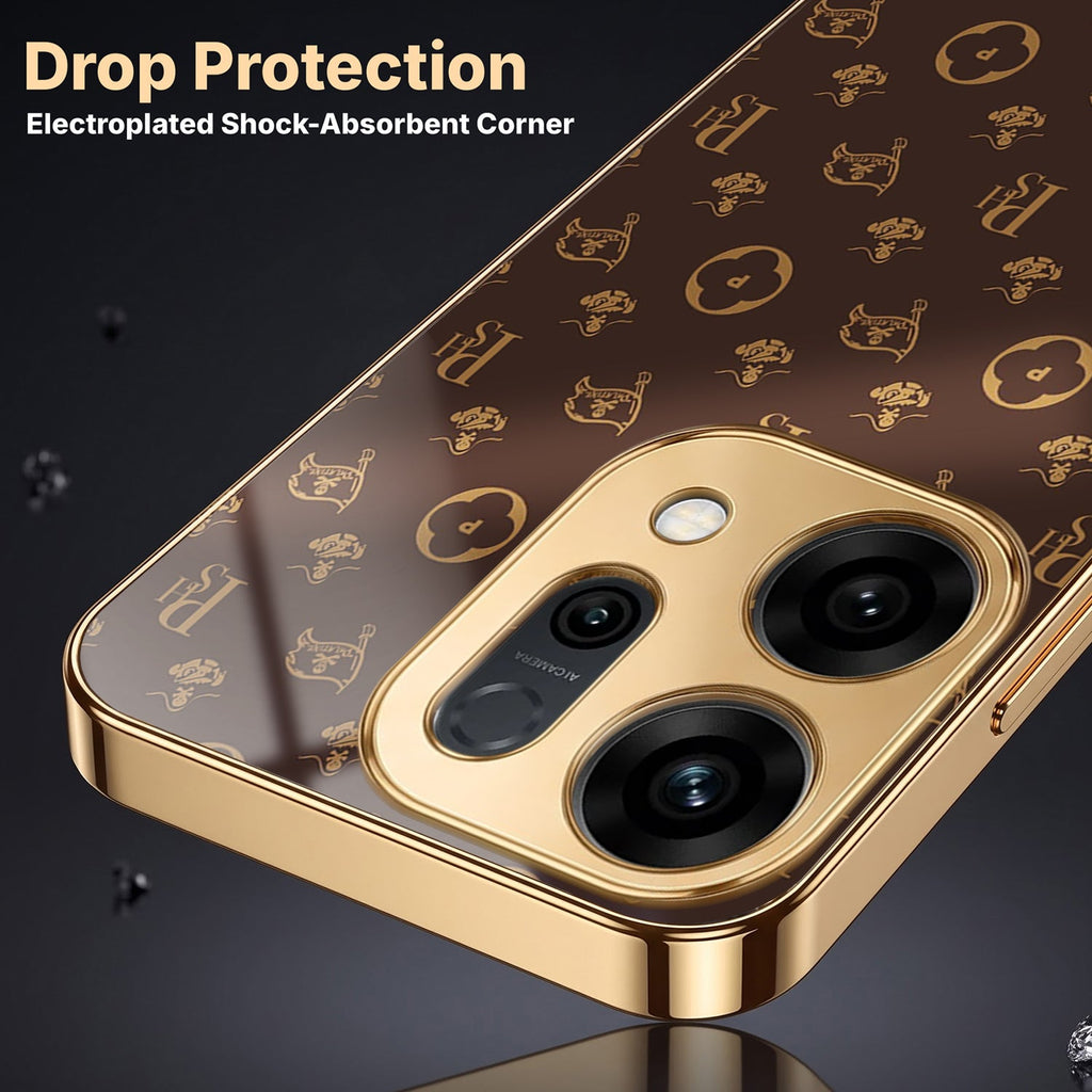 Oppo Reno 14 5G Luxury Monogram Brown Electroplated Gold Glass Case