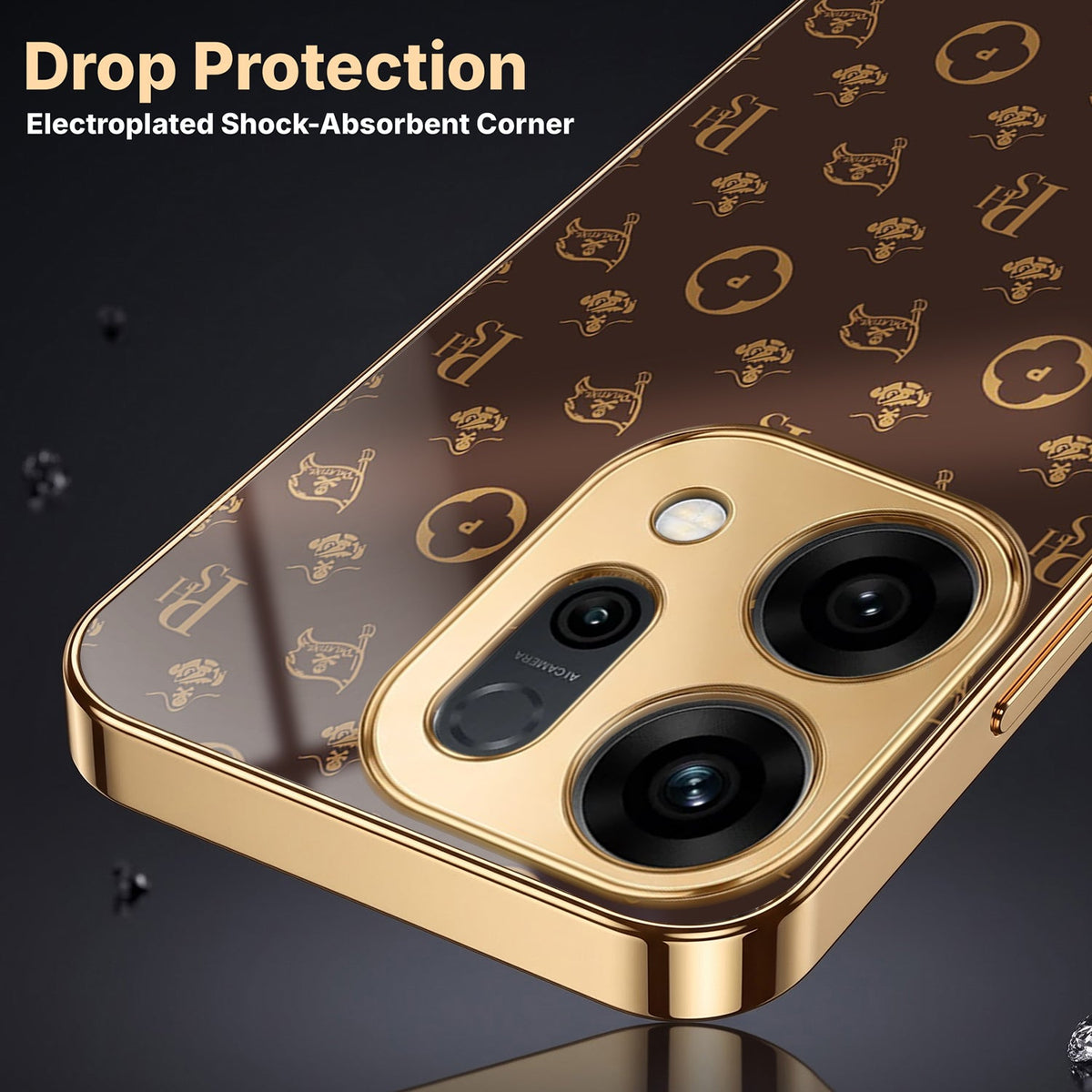 Oppo Reno 14 5G Luxury Monogram Brown Electroplated Gold Glass Case