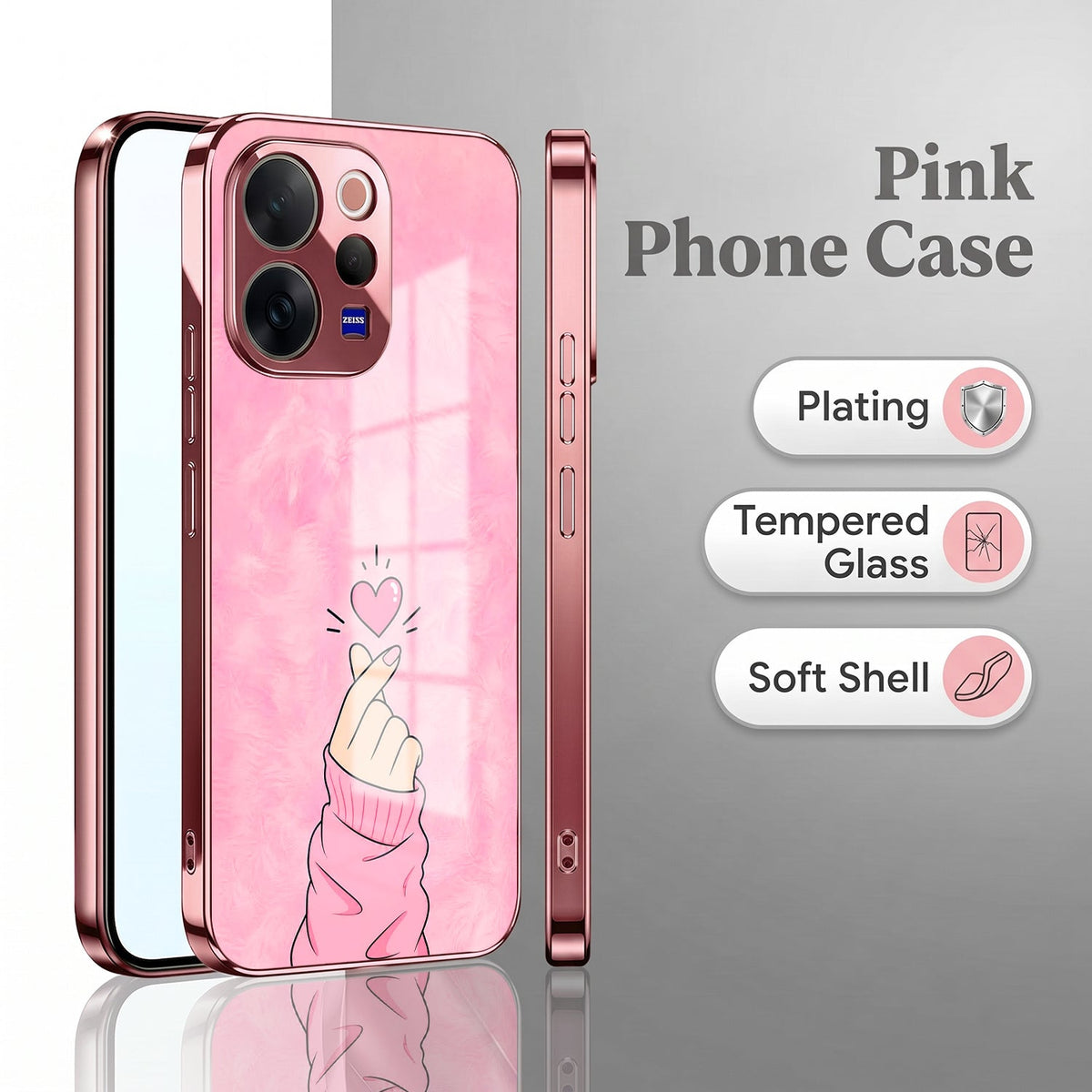 Vivo V70 5G Luxury Heart Pink Electroplated Glass Phone Back Case