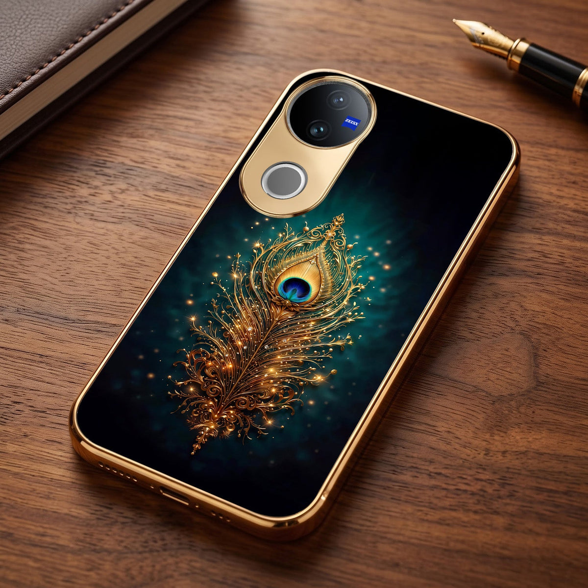 Vivo T4R 5G Golden Peacock Feather Gold Electroplated Glass Phone Back Case