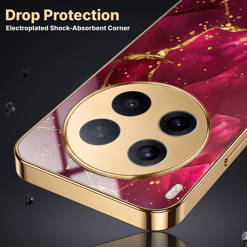 Vivo X300 Pro 5G Luxury Crimson Marble Gold Electroplated Glass Phone Back Case