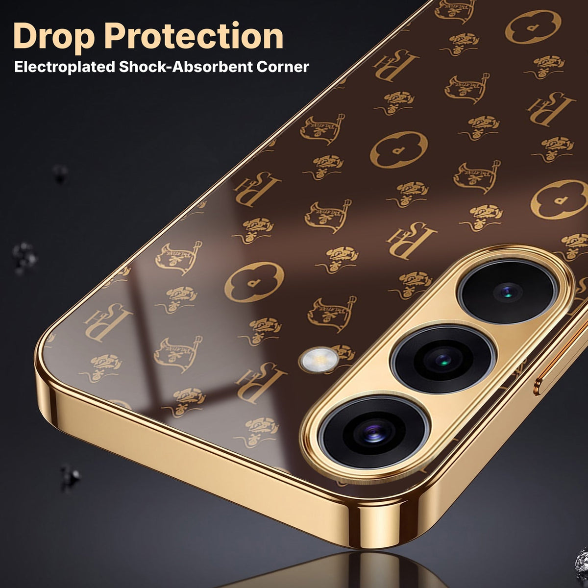 Samsung Galaxy A56 5G Luxury Monogram Brown Gold Electroplated Glass Phone Back Case