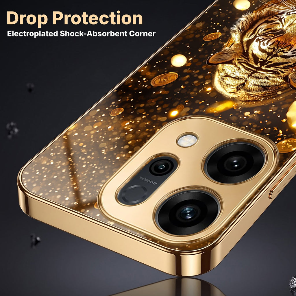 Oppo Reno 14 5G Luxury Tiger Gold Electroplated Glass Case