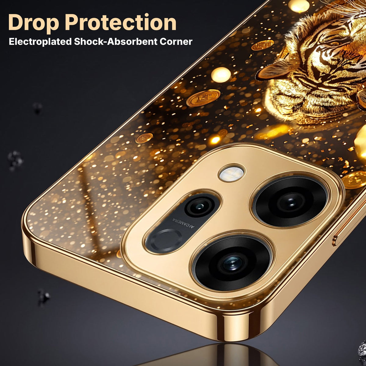 Oppo Reno 14 5G Luxury Tiger Gold Electroplated Glass Case