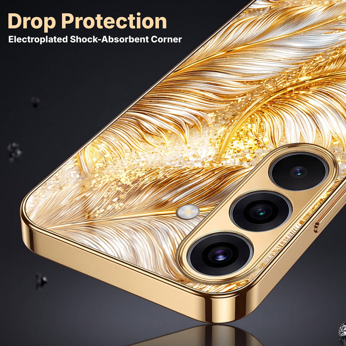 Samsung Galaxy A56 5G Golden Feather Marble Gold Electroplated Glass Phone Back Case