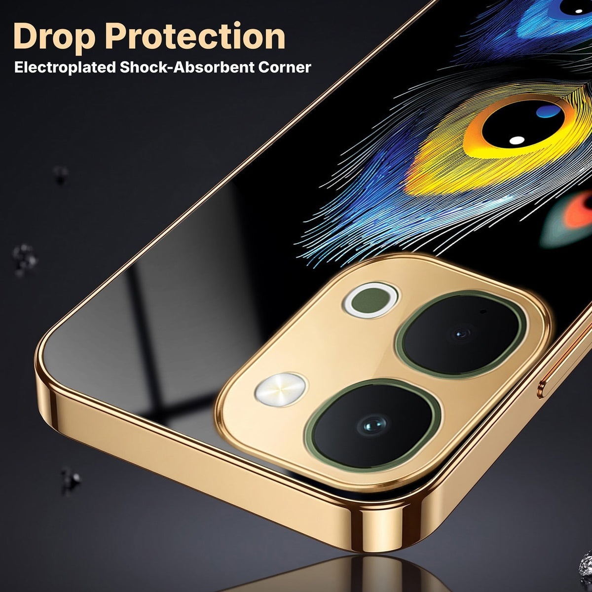 Vivo T5x 5G Multi-Feather Peacock Gold Electroplated Glass Phone Back Case