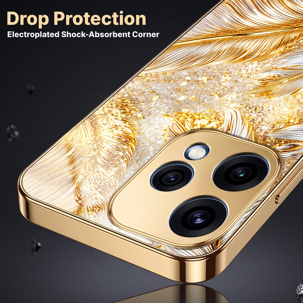 Oppo Reno 15 5G Golden Feather Marble Gold Electroplated Glass Phone Back Case