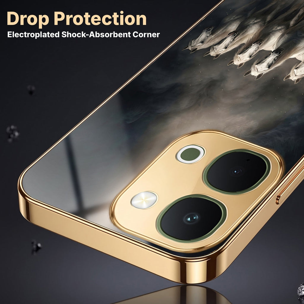 Vivo Y51 Pro 5G Running Horses Gold Electroplated Glass Phone Back Case