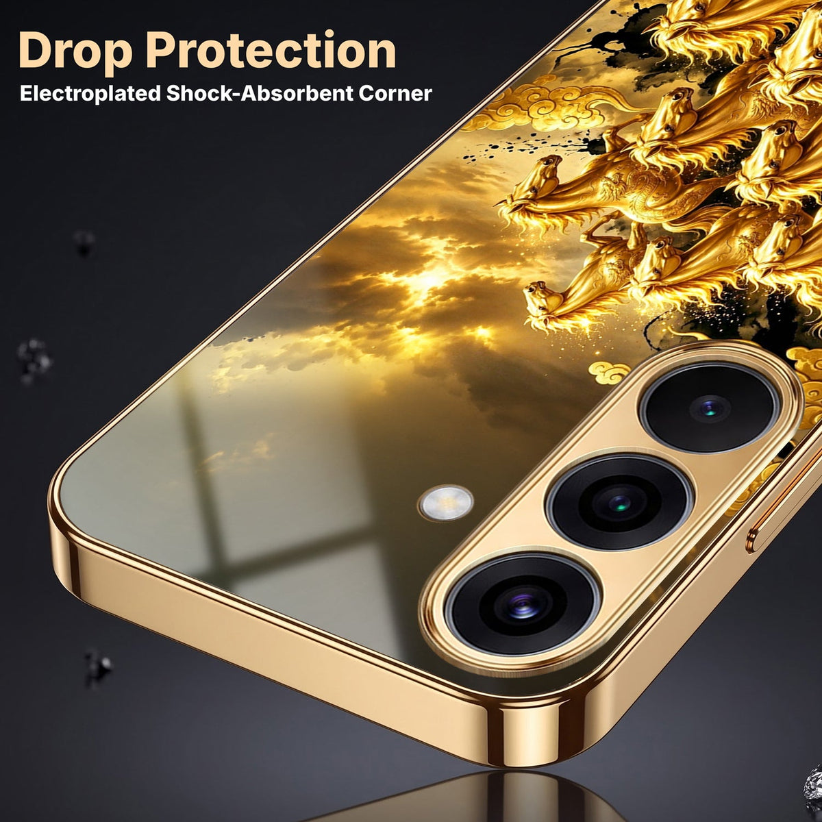 Samsung Galaxy A56 5G Horses Royal Glory Gold Electroplated Glass Phone Back Case
