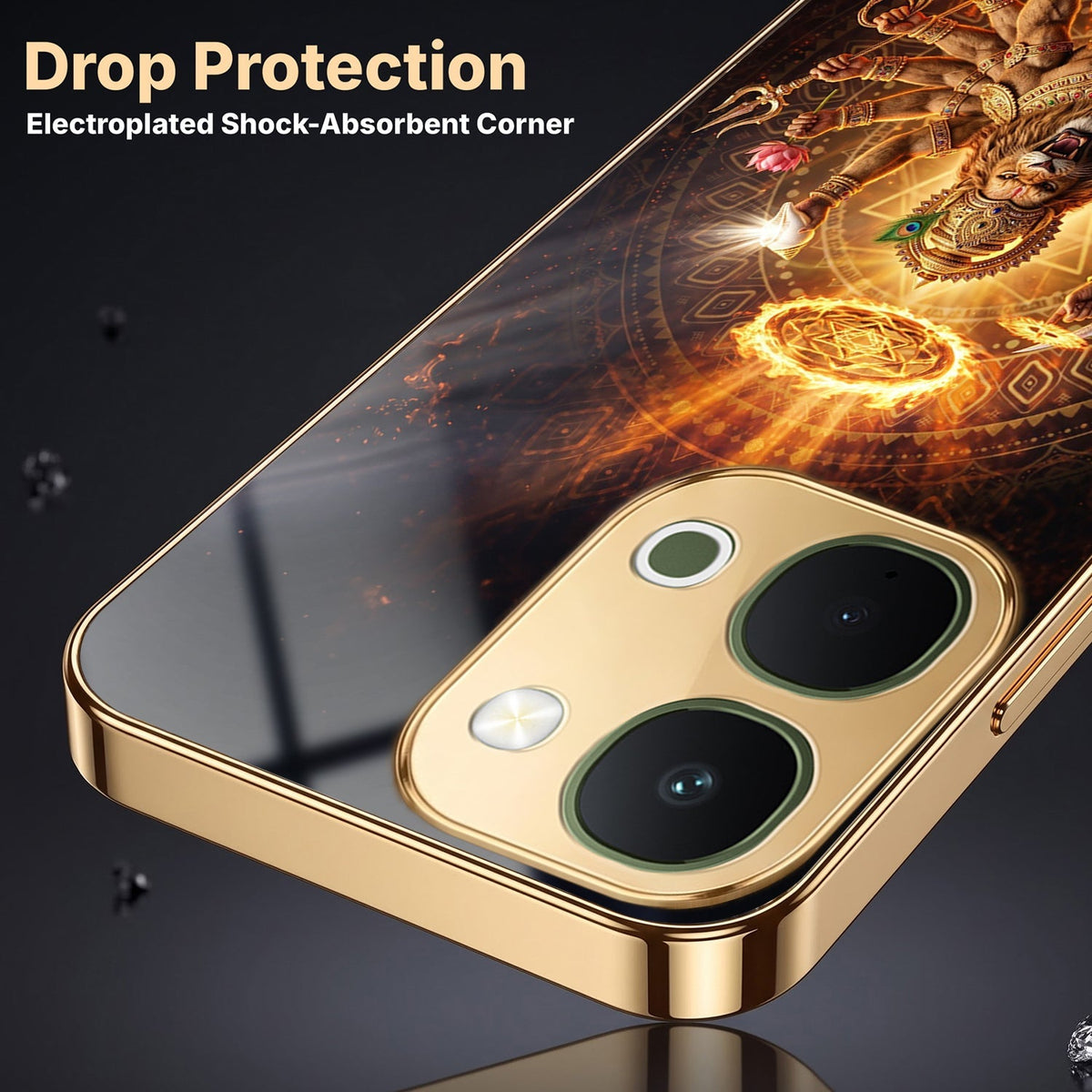 Vivo Y51 Pro 5G Lord Narasimha Gold Electroplated Glass Phone Back Case