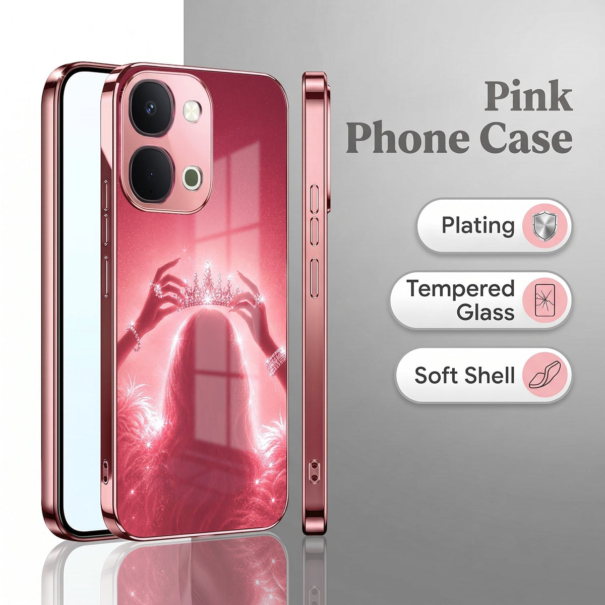 Vivo T5x 5G Luxury Crown Queen Pink Electroplated Glass Phone Back Case
