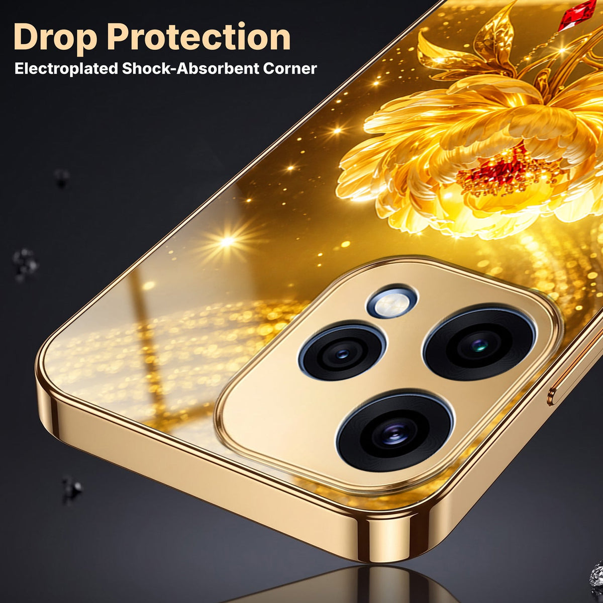 Oppo Reno 15 5G Golden Rose Elegance Gold Electroplated Glass Phone Back Case