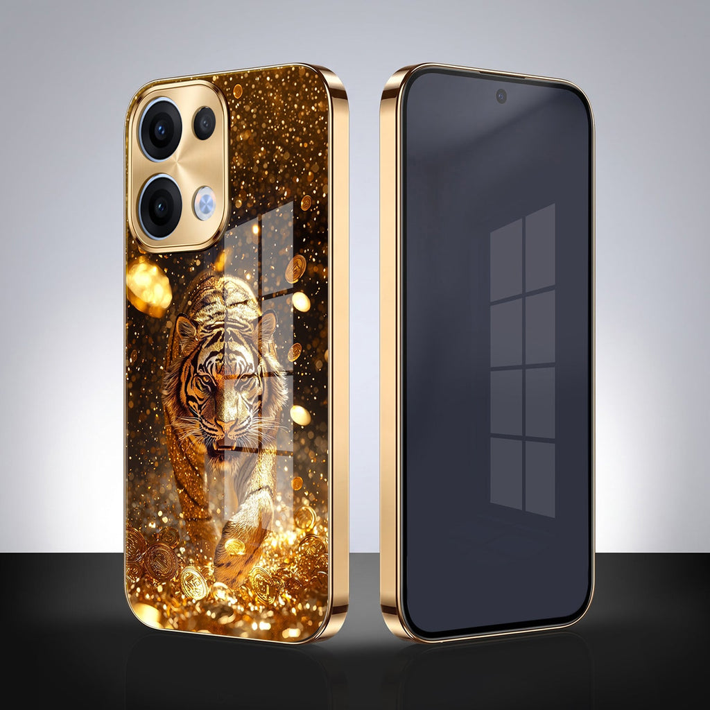 Oppo Reno 13 5G Luxury Tiger Gold Electroplated Glass Case