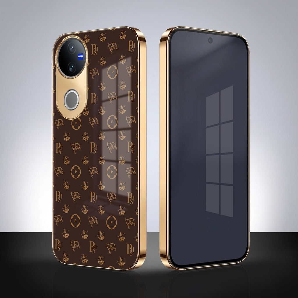 Vivo V50 5G Luxury Monogram Brown Electroplated Gold Glass Case