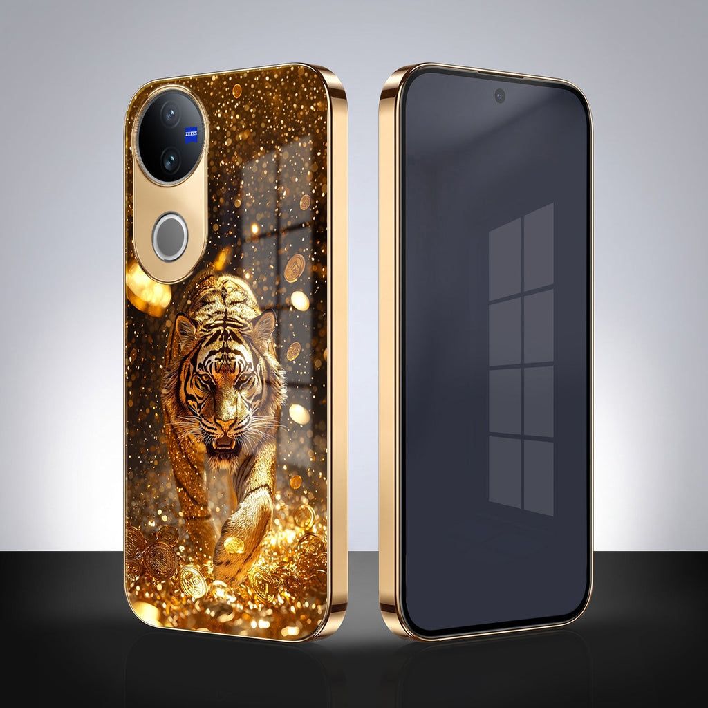 Vivo V50 5G Luxury Tiger Gold Electroplated Glass Case