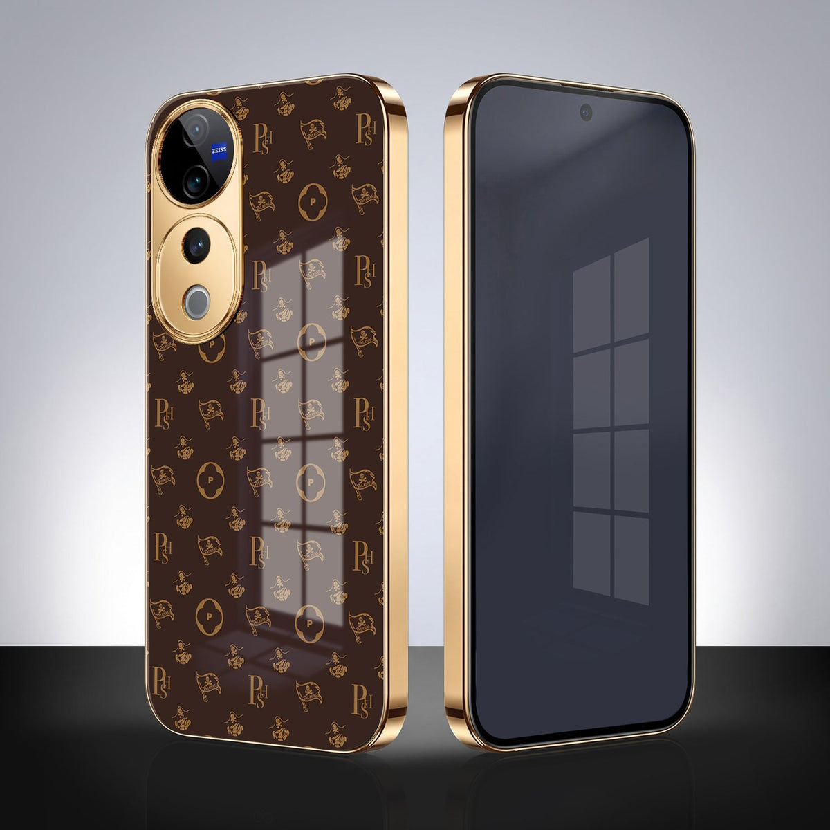 Vivo V40 Pro 5G Luxury Monogram Brown Electroplated Gold Glass Case