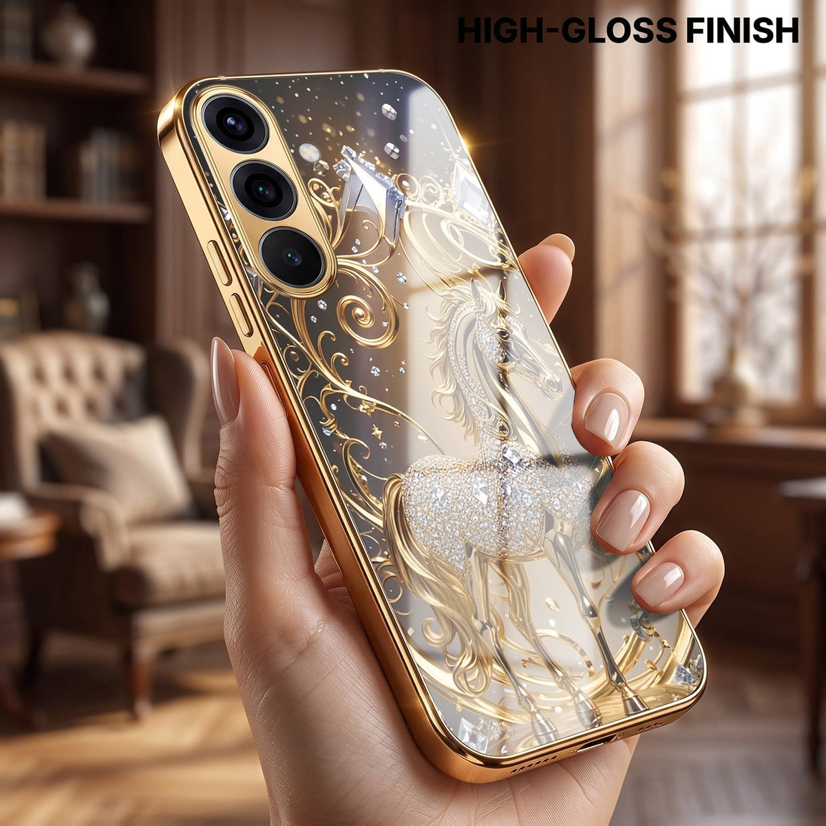 Samsung Galaxy A36 5G Luxury Horse Texture Gold Electroplated Glass Phone Back Case