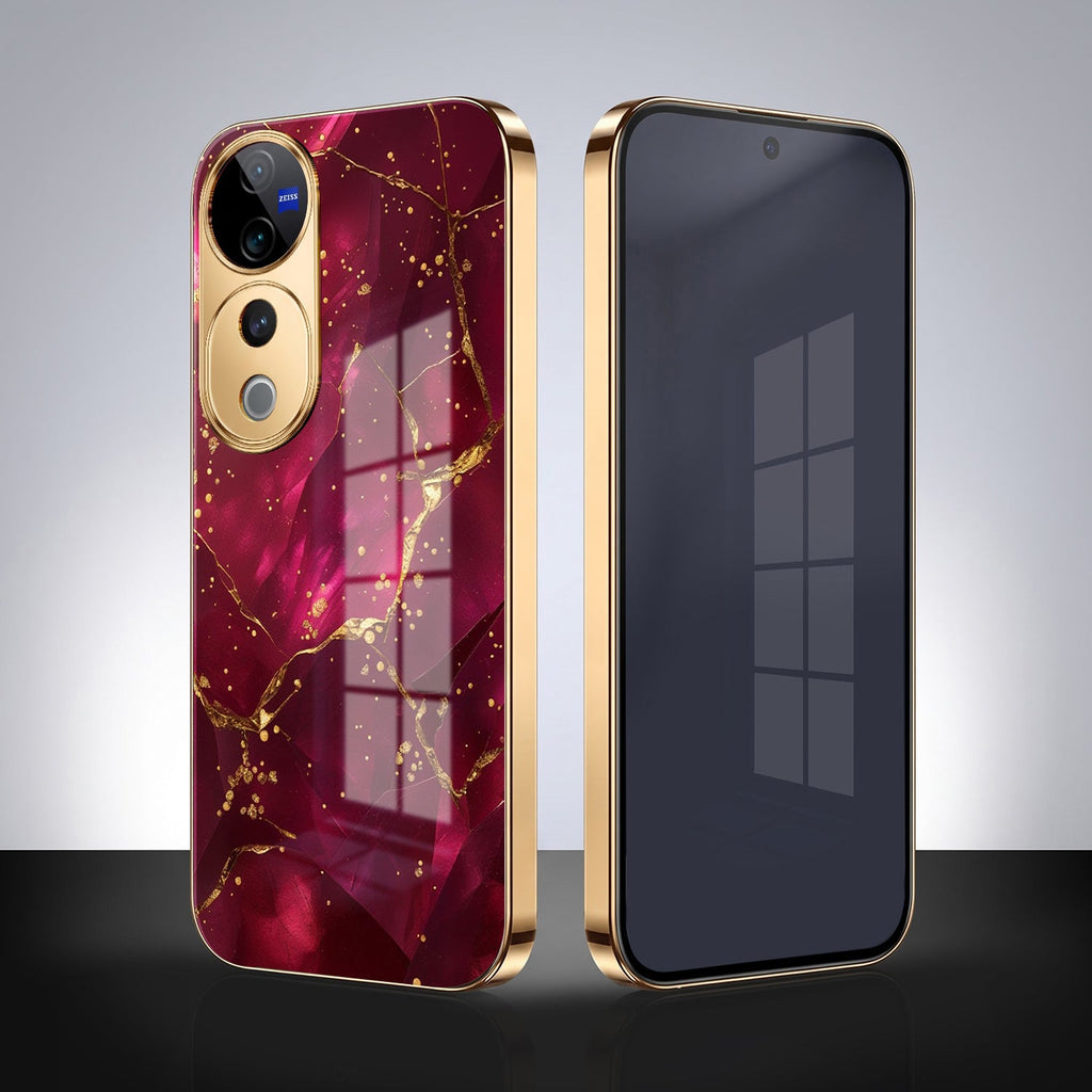 Vivo V40 Pro 5G Luxury Crimson Gold Marble Electroplated Glass Case