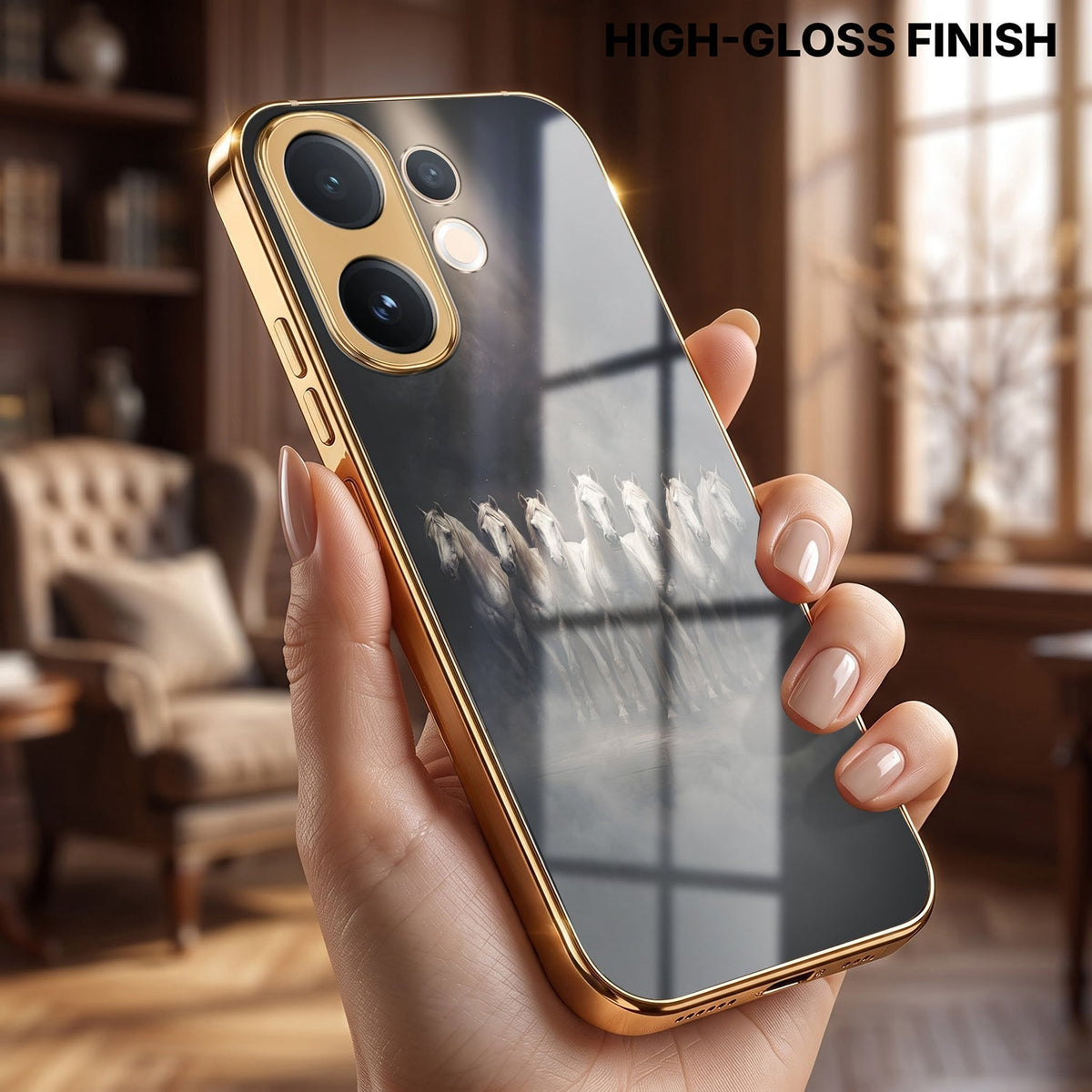 Vivo T4 Pro 5G Running Horses Gold Electroplated Glass Phone Back Case