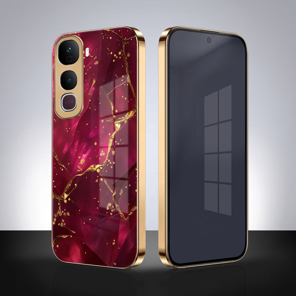 Vivo Y400 Pro 5G Luxury Crimson Marble Gold Electroplated Glass Phone Back Case