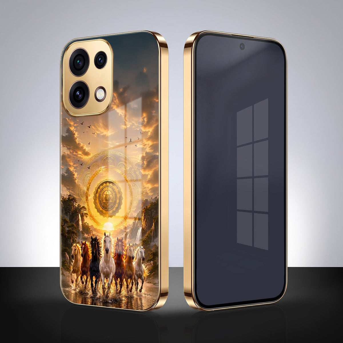 Oppo Reno 16C 5G Celestial Seven Horses Gold Electroplated Glass Phone Back Case